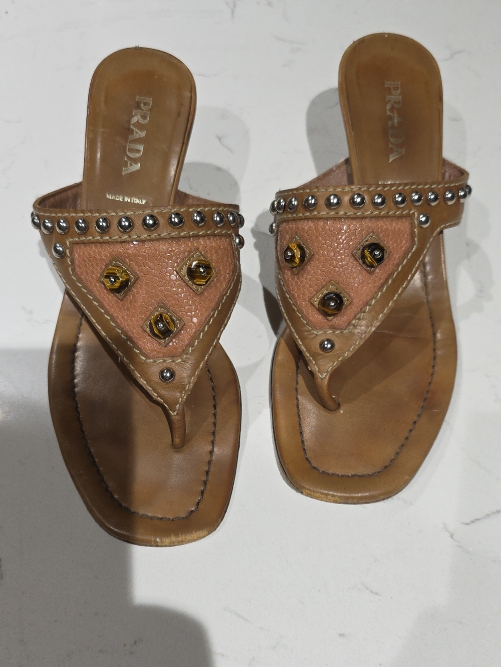 Prada Brown Leather Studded Thong Sandals Size 37